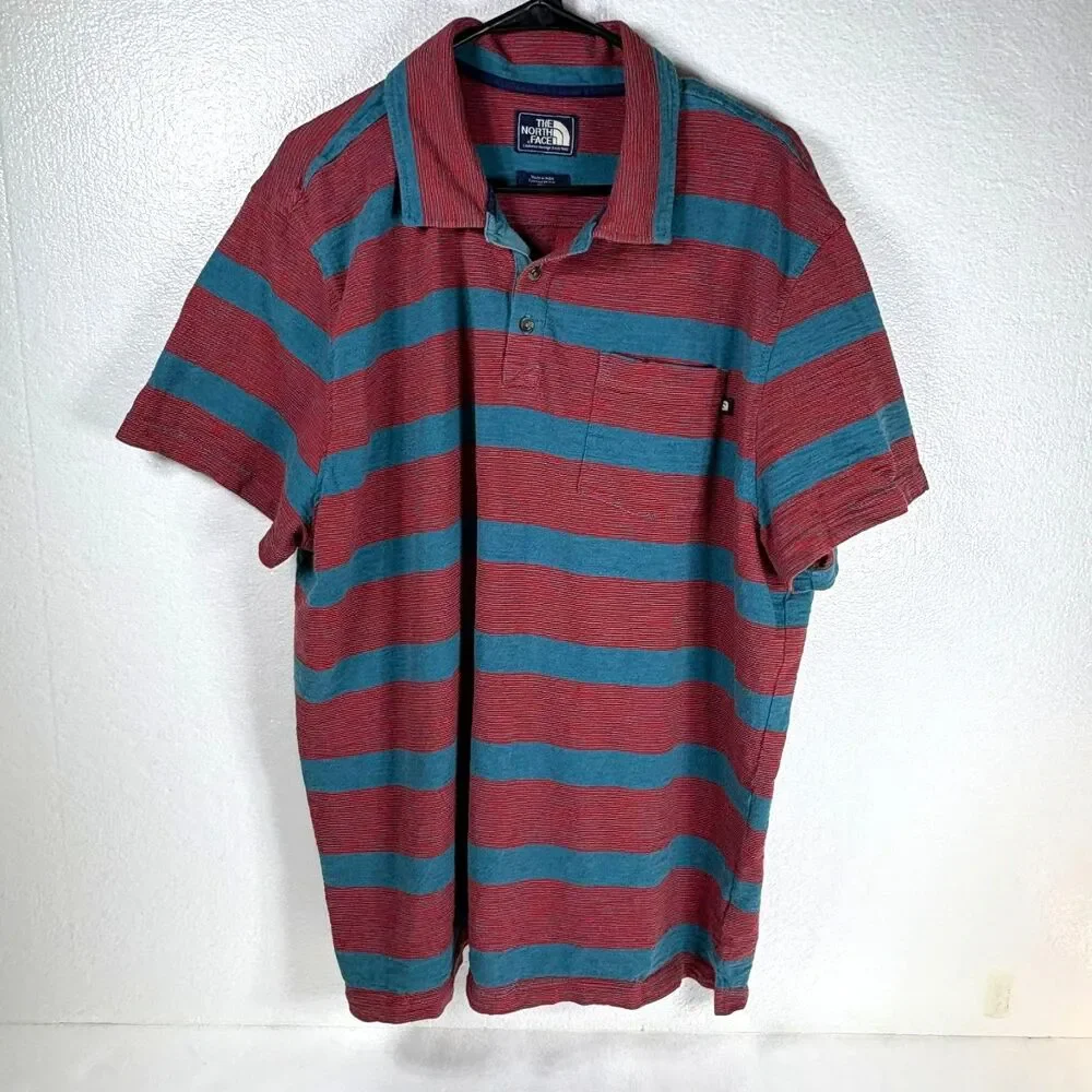 The North Face Mens Polo Shirt Red Blue Striped Short Sleeve Casual XXL